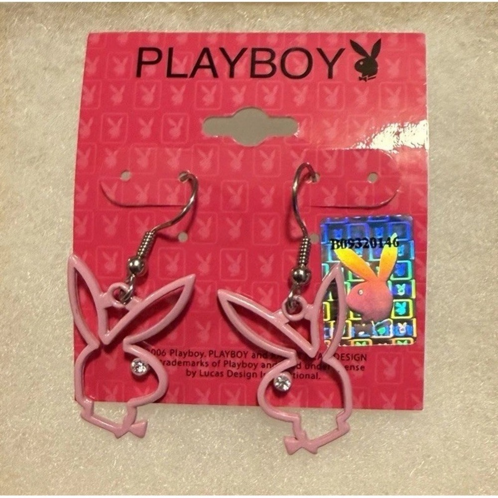 Authentic Playboy Pink Enamel Cutout Bunny Dangle Earring Mcbling Rhinestone Y2K